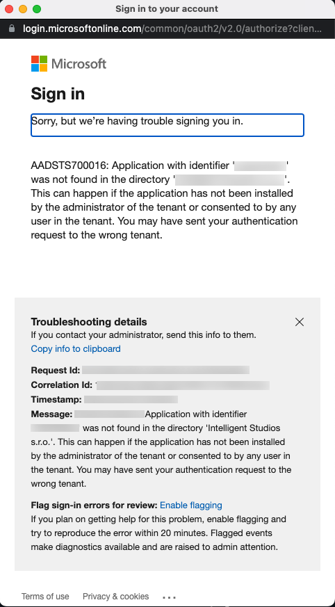 Application not registered in AAD