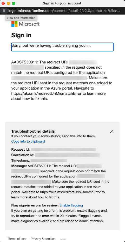 URI URL not registered in AAD