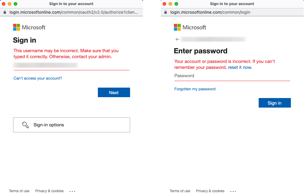AAD wrong credentials